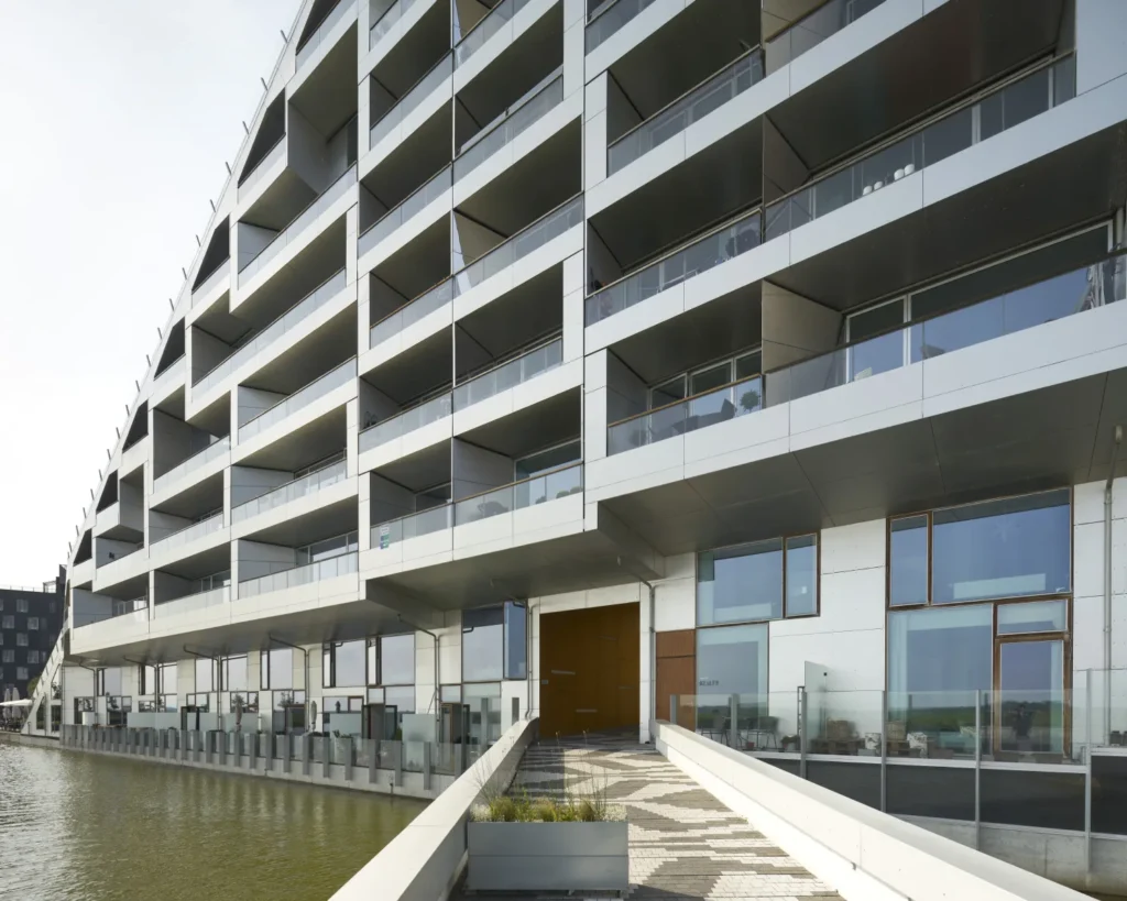Patterned paving on the promenade path of the 8 House in Ørestad, Copenhagen