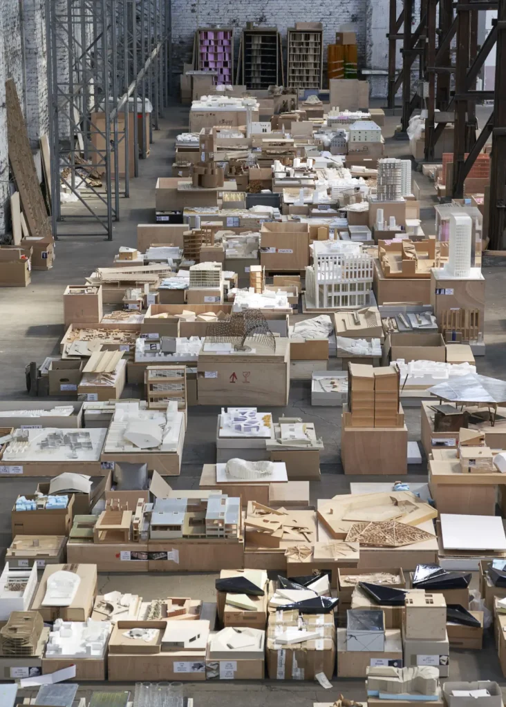 Aerial photograph of hundreds of cardboard and plaster models laid out for Barkow Leibinger exhibition