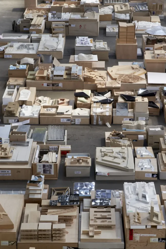 Aerial photograph of hundreds of cardboard and plaster models laid out for Barkow Leibinger exhibition