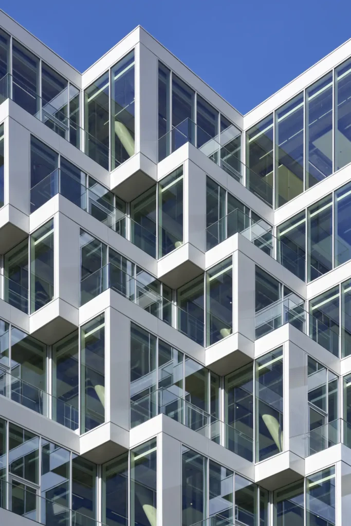 Close-up of folded glass and metal cladding on UP! Berlin facade