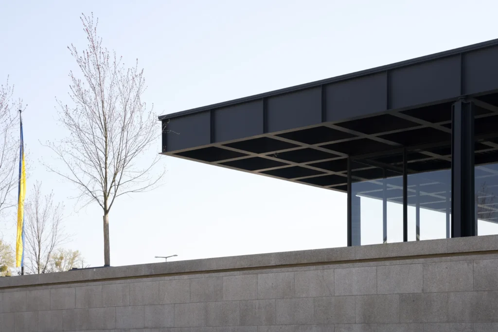 The corner of the iconic steel roof structure of the Neue Nationalgalerie upper hall in Berlin