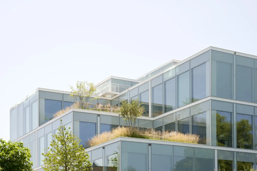 Rooftop gardens with wild planting and person between the glass volumes of the SQUARE Learning Center