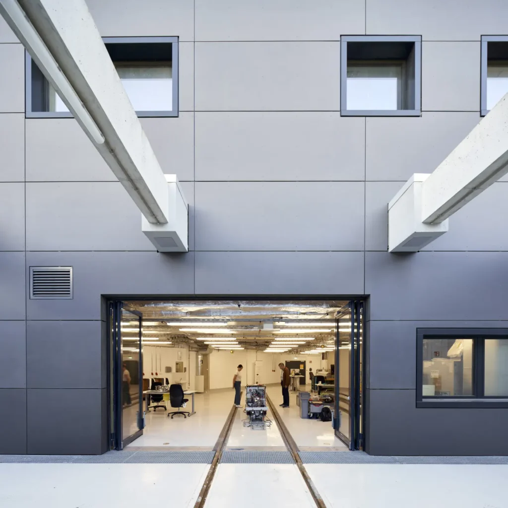 Testing laboratory with rail tracks coming out of the building at KMAC in Aachen