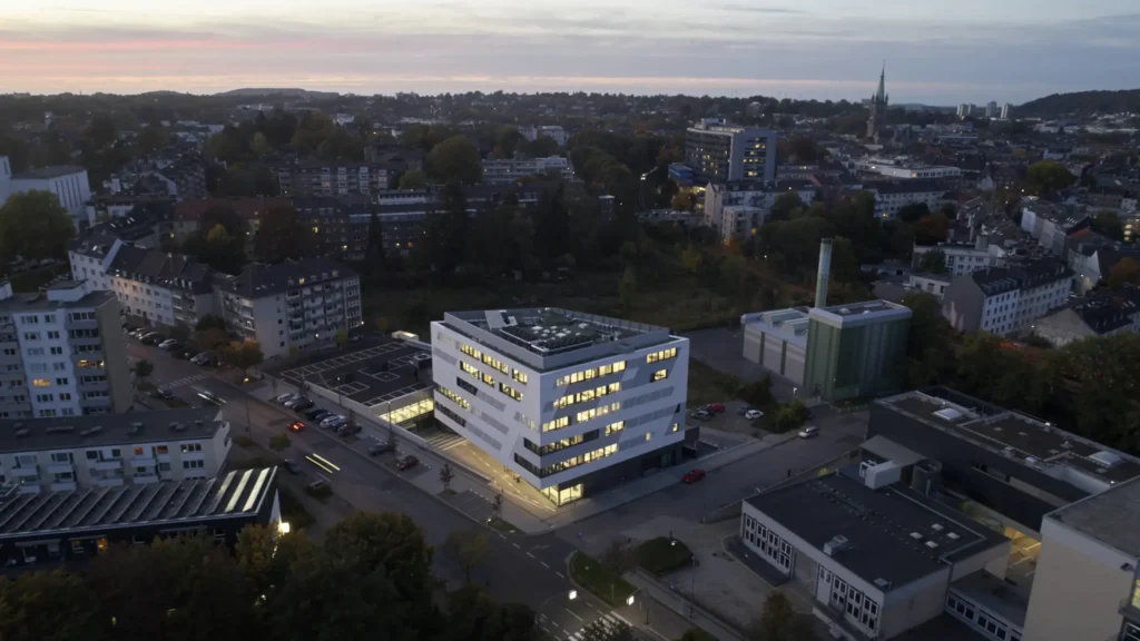 Evening aerial view of the KMAC Center for Advanced Mobility at FH Aachen