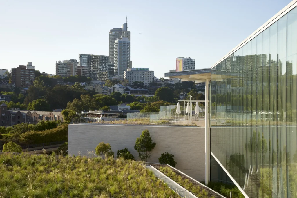 Green roof of Sydney Modern extension blending into the green landscape of Potts Point