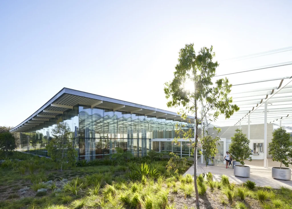 Glass and steel pavilion of Art Gallery of New South Wales extension with cantilevered roof