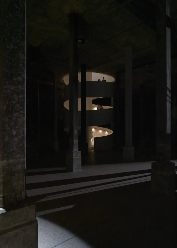 Sculptural spiral staircase connecting gallery levels at Art Gallery of New South Wales extension by SANAA