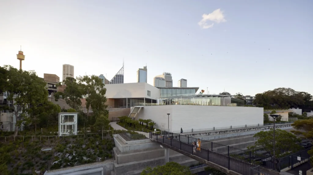 Sydney Modern art gallery with CBD skyline and Sydney Tower in background