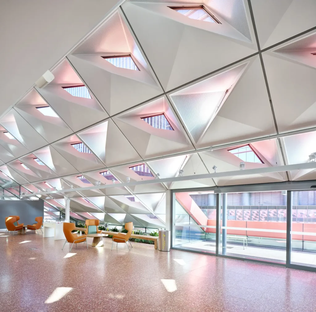 Geometric metal cladding with triangular openings on PHIVE roof by Manuelle Gautrand