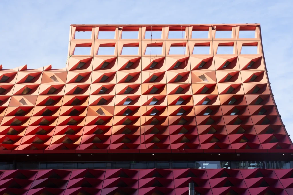 Folded metal roof panels creating three-dimensional pattern at PHIVE Community Center Sydney