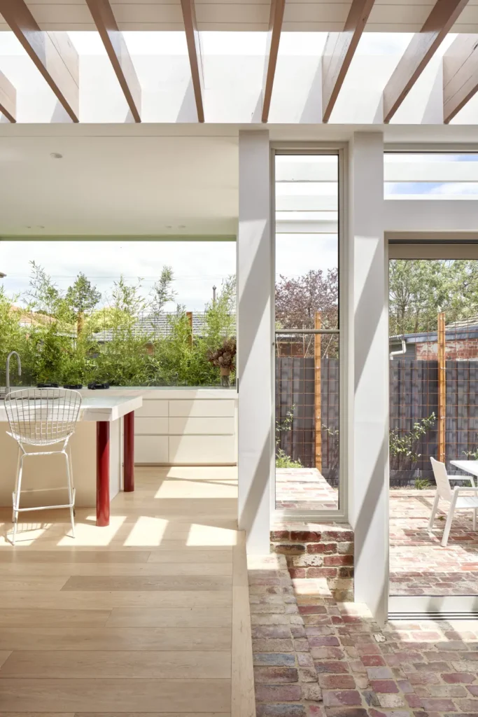 Exposed hardwood rafters and skylight detail at Lindsay house extension by Megowan Architectural