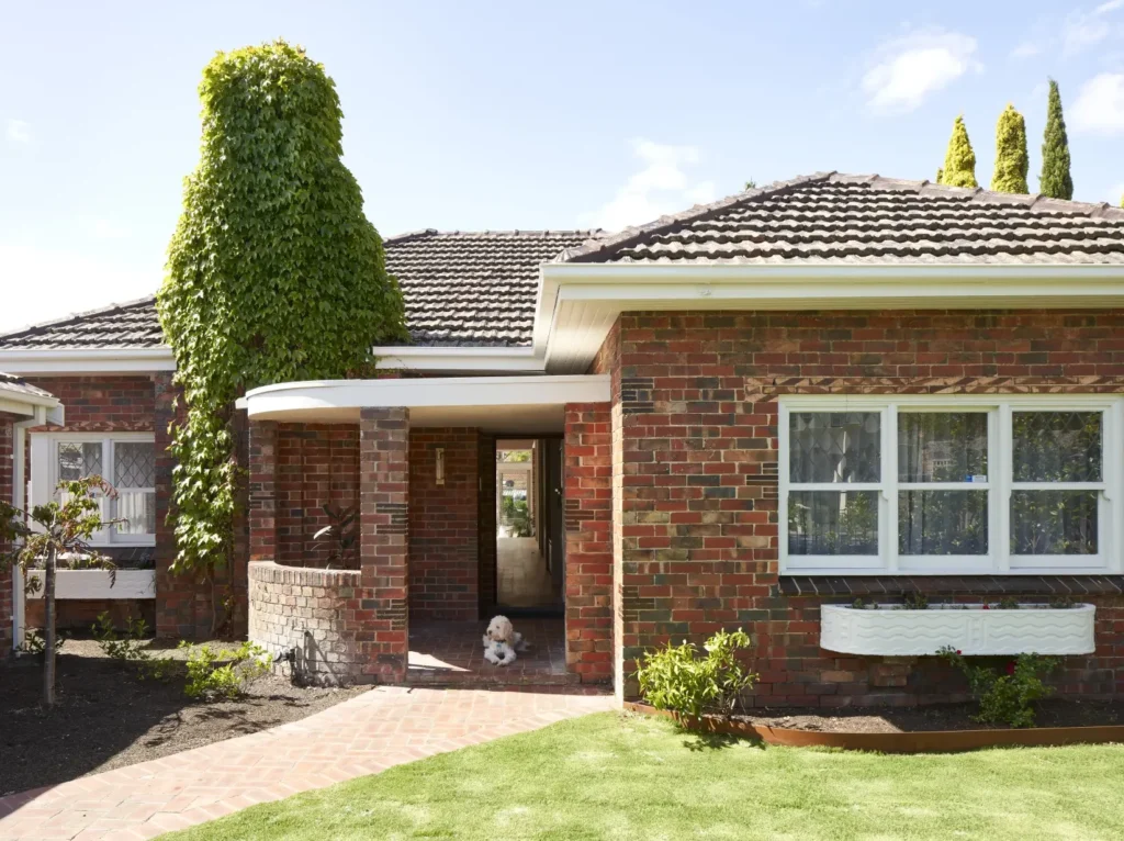 Street-facing elevation of Lindsay house renovation in Melbourne suburbs with dog lying in front of open front door