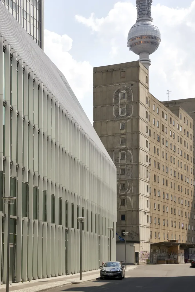 Fernsehturm framed between Pressehaus high-rise and neighbouring buildings Berlin