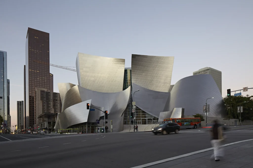 Pedestrians at the base of Walt Disney Concert Hall in Los Angeles
