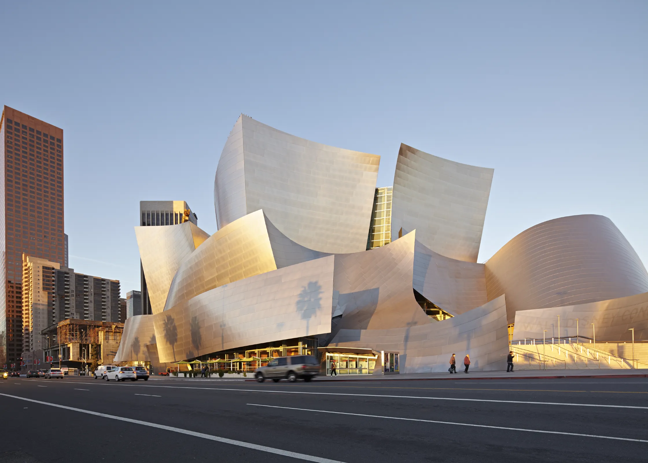 Walt Disney Concert Hall glowing in golden hour light in Los Angeles