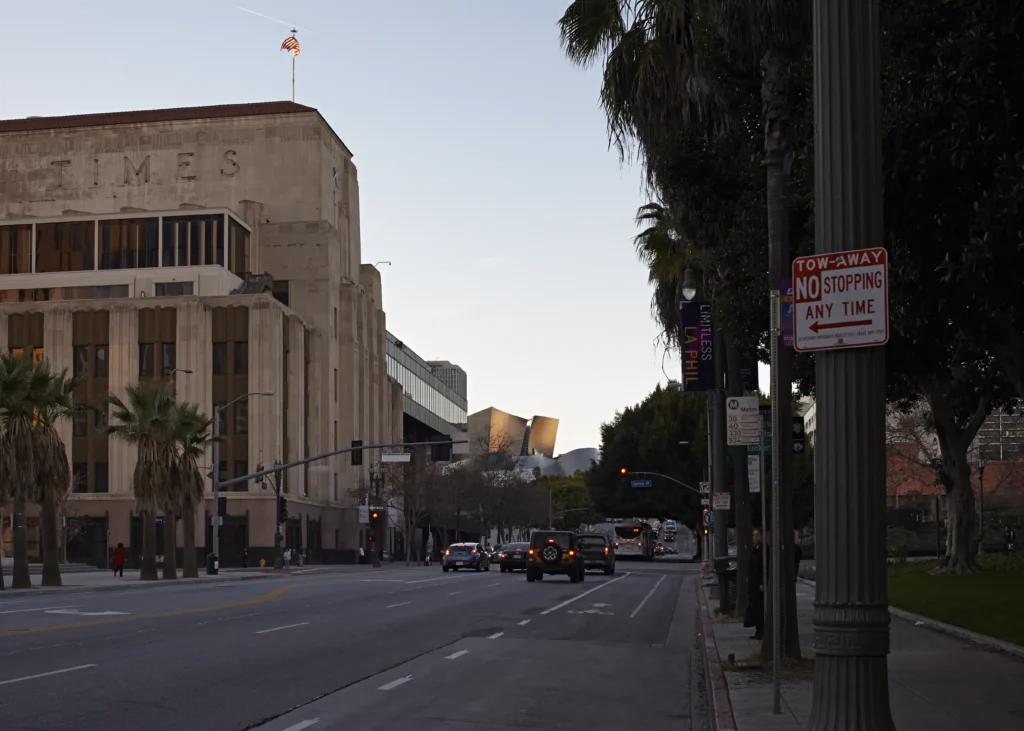 Walt Disney Concert Hall by Frank Gehry seen from Grand Avenue in Los Angeles