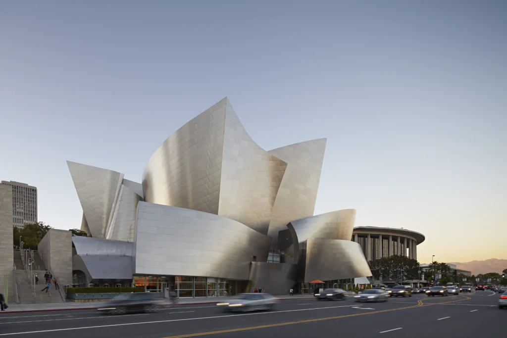 Walt Disney Concert Hall glowing in golden hour light in Los Angeles