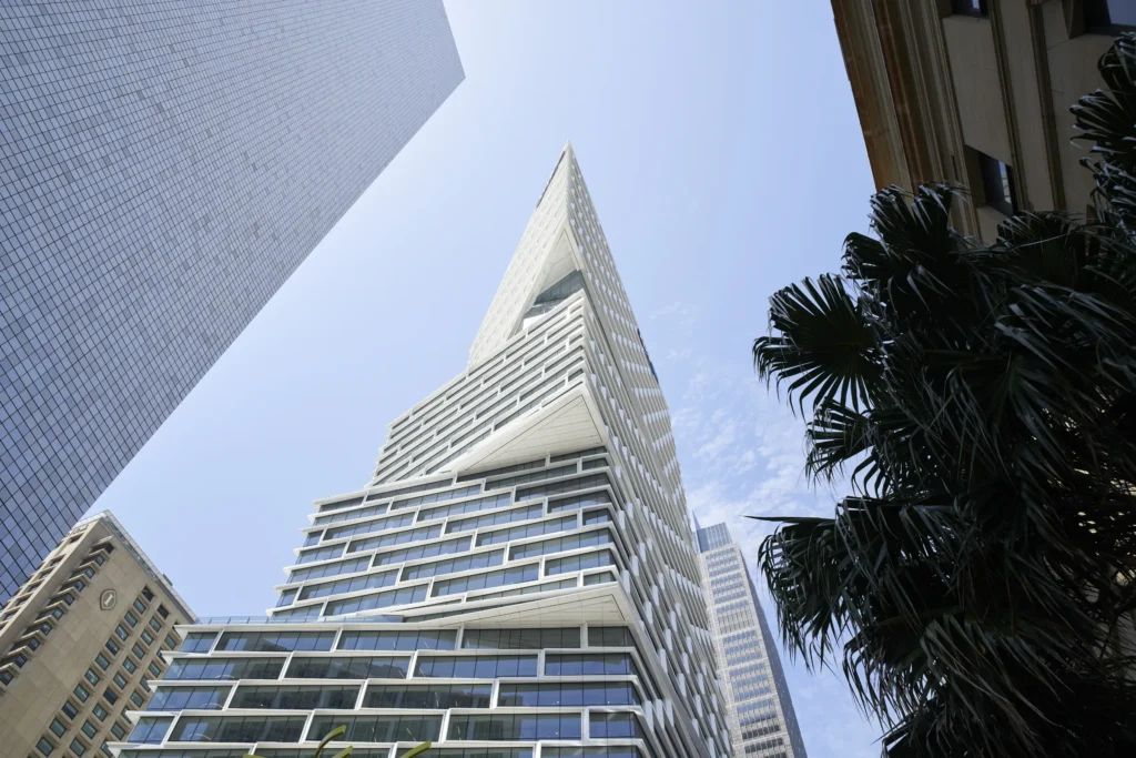 Quay Quarter Tower in Sydney seen from below, stacked volumes by 3XN Architects and BVN Architecture