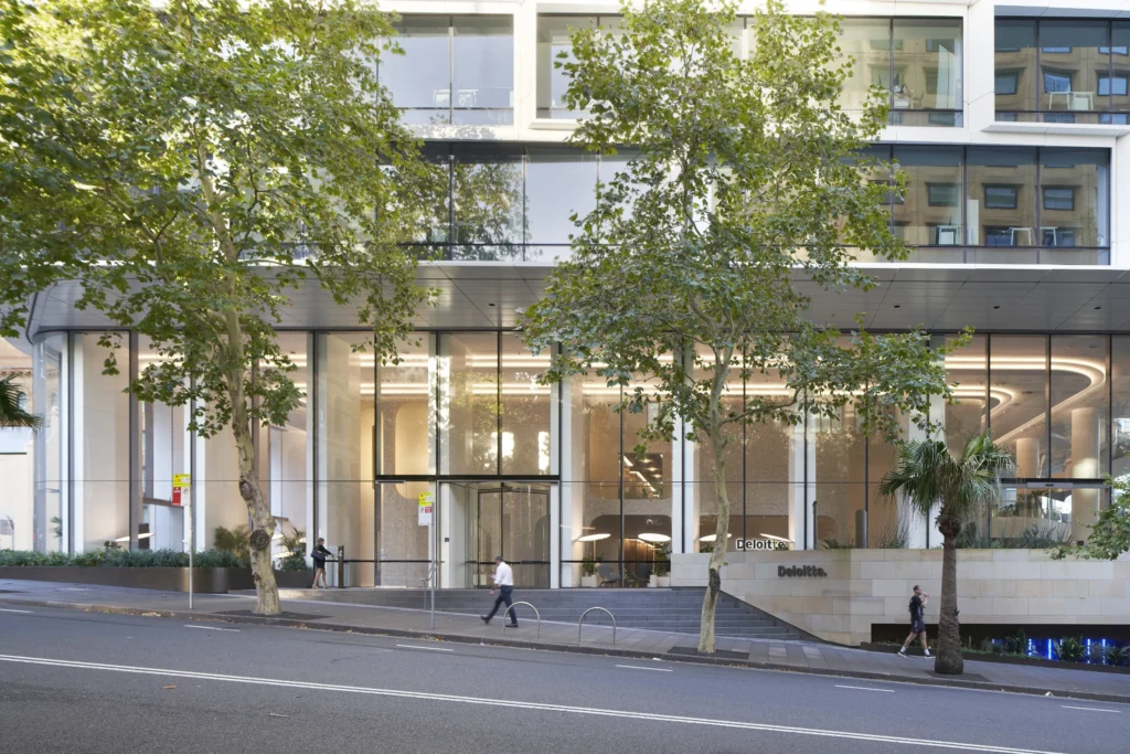 Street-level entrance of Quay Quarter Tower showing retained heritage structure