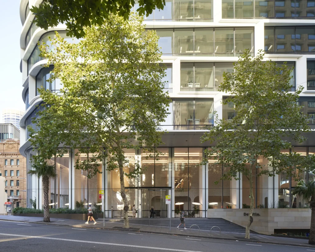 Street-level entrance of Quay Quarter Tower showing retained heritage structure