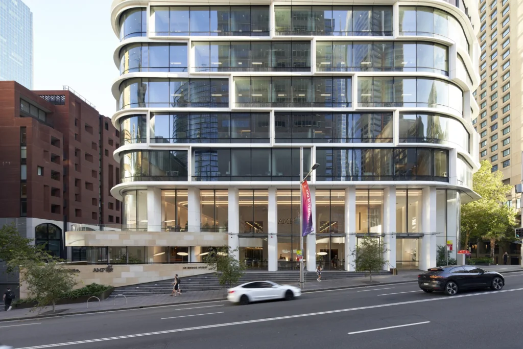 Quay Quarter Tower curved glass facade with retained concrete structure from the original AMP building