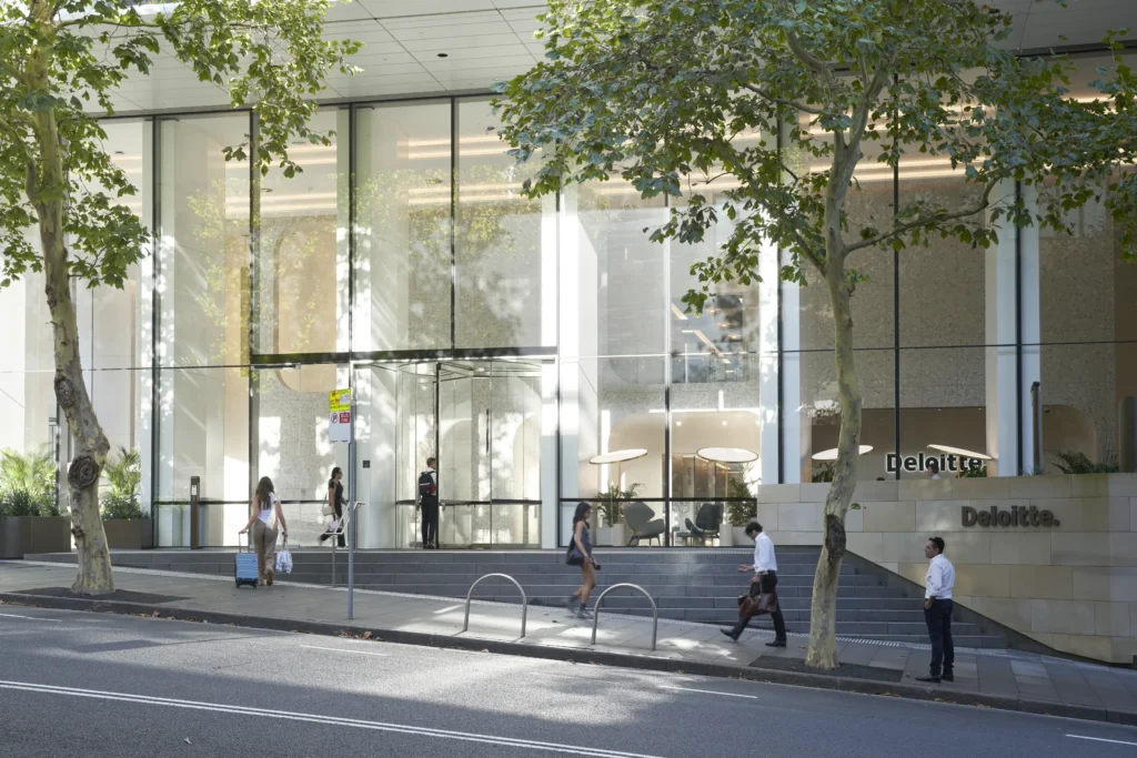 Covered walkway entrance area of the Quay Quarter Tower podium in Sydney