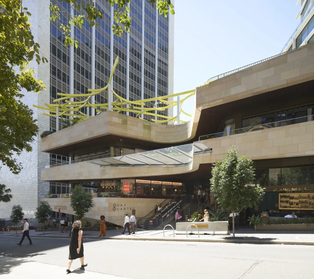 Quay Quarter Tower podium seen from across the street in Sydney CBD