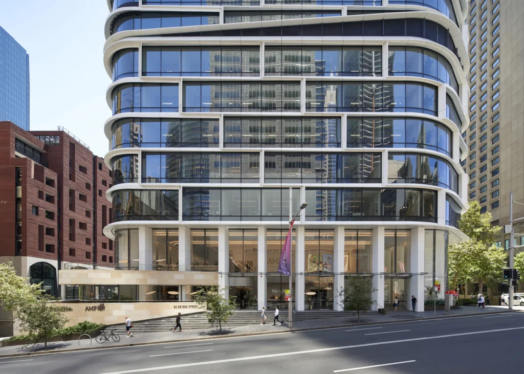 Quay Quarter Tower curved glass facade with retained concrete structure from the original AMP building